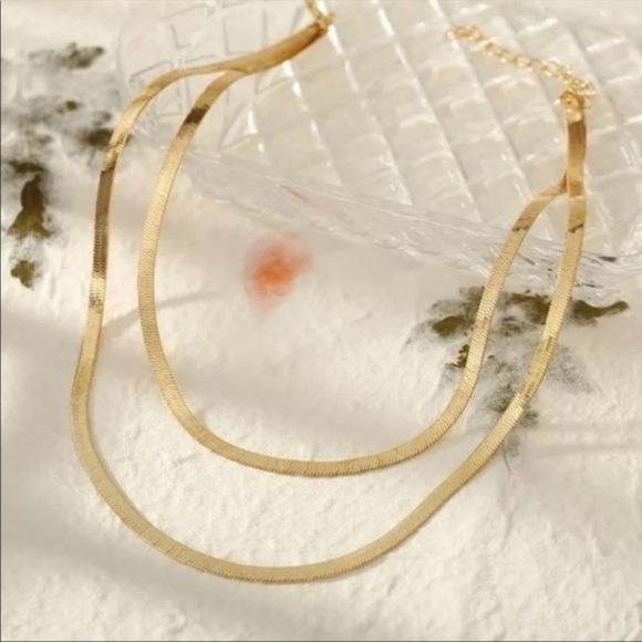 NEW 18K GOLD DOUBLE LAYERED HERRINGBONE NECKLACE - Picture 2 of 4